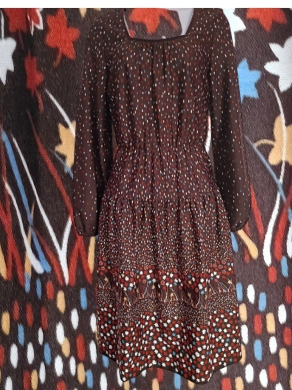70's Brown Floral Printed Tiered Long Sleeve Dress 🦋☮️